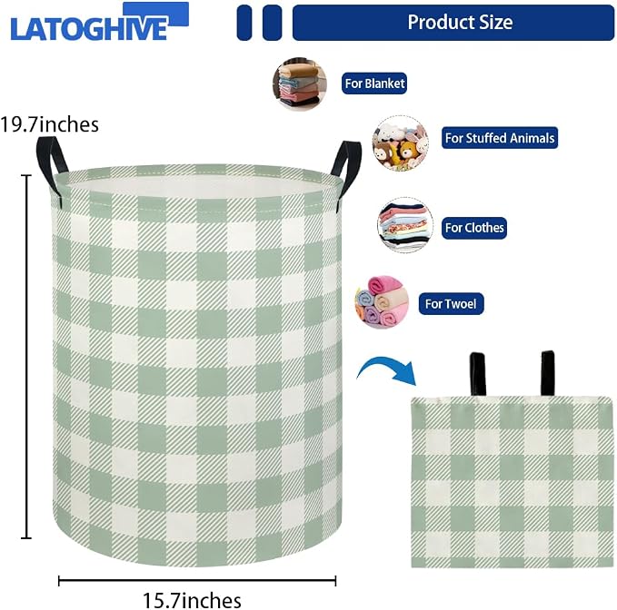 Baby Laundry Hamper kids laundry Basket Waterproof Laundry Bag for Bedroom Toy Clothes Organizer Room Décor(Green Checkered) - Image 2