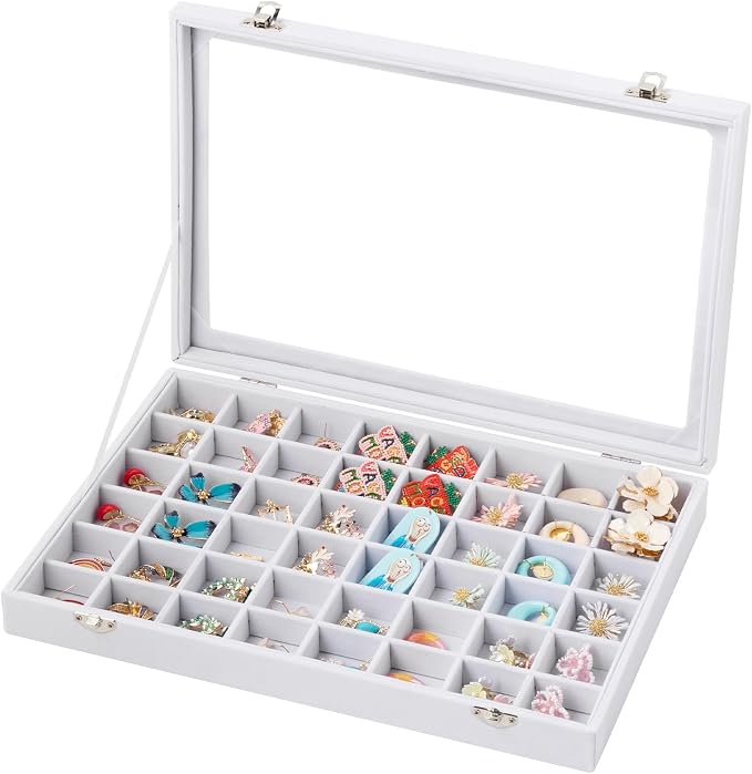 Frebeauty 48 Grid Jewelry Tray,Adjustable Earring Holder Organizer with Glass Lid,Velvet Drawer Jewelry Organizer for Rings,Studs,13.8 x 9.5 x 2 Inches Jewelry Display Box,Gift for Women(White) by Frebeauty