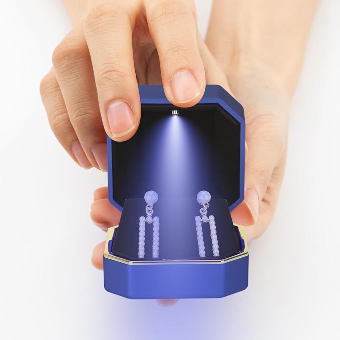 Luxury LED Jewelry Earring Pendant Stud Box, Velvet Earring Necklace Gift Box Storage Case Organizer Holder for Proposal Engagement Wedding Anniversary Birthday Ceremony (Blue) - Image 4