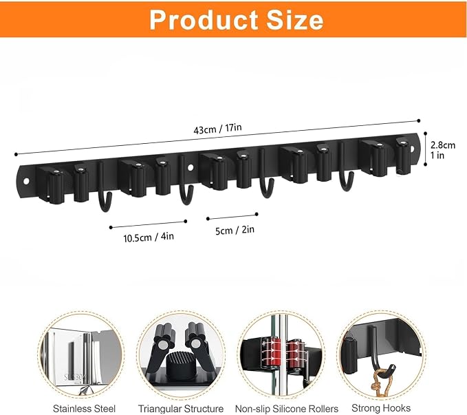 CUXIXA Mop and Broom Holder Wall Mount, Upgraded Broom Organizer Wall Mount, Stainless Steel Broom Hanger Wall Mount for Home Kitchen Garden Laundry Garage (5 Racks with 4 Hooks Black) - Image 5
