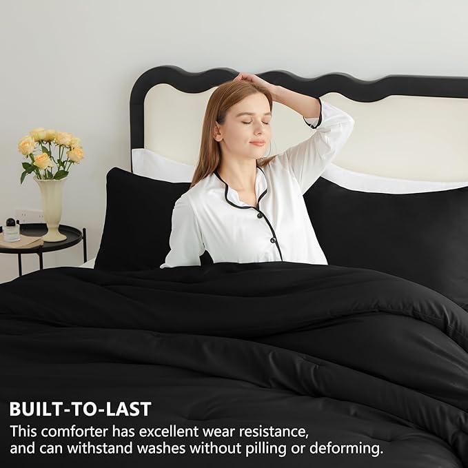 CozyLux Comforter Full Size Set Black, 3 Pieces Solid Lightweight Soft Bed Set for All Season, Luxury Breathable Quilted Style Microfiber Down Alternative Bedding Sets (1 Comforter & 2 Pillowcases)