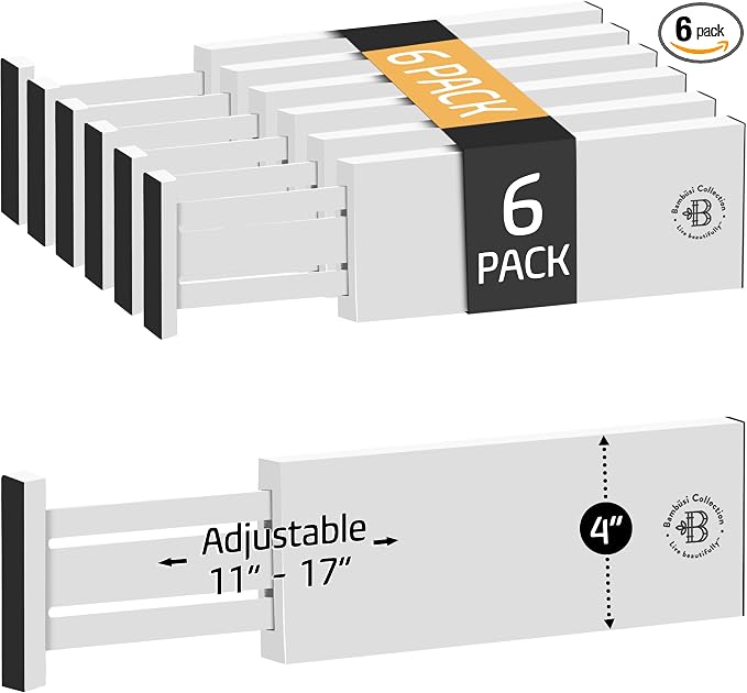 6-Pack Drawer Dividers 4 Inch High, 11”-17" Adjustable Bamboo Organizers Large Expandable Drawer Separators for Cloths, Dresser, Bedroom, Bathroom, Baby Drawer, Office & Kitchen Utensils (White) by Bamb%C3%BCsi