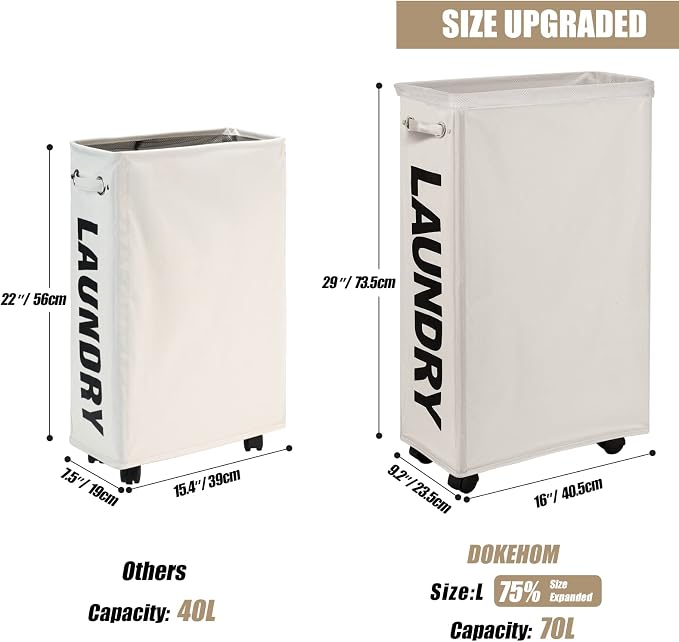 DOKEHOM 29-Inches Enlarged Slim Laundry Basket with Removable Wash Bag on Wheels, Collapsible Rolling Laundry Hamper, Foldable Narrow Corner Clothes Storage Bins (Beige) - Image 3