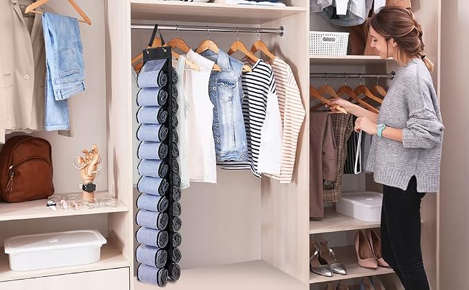 DHSFKBE Legging Organizer, Foldable Hanging Closet Organizer with 26 Roll Compartments for Yoga Clothes, Pants, Shirts (Black) - Image 2