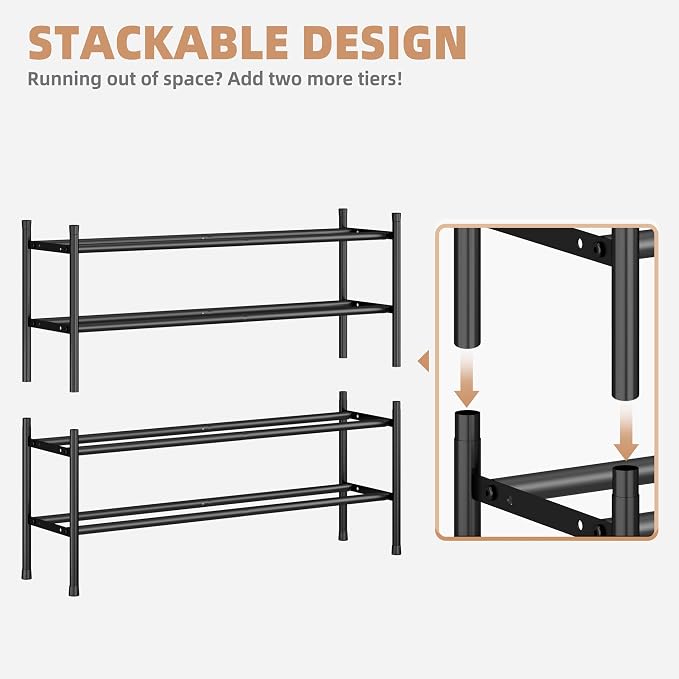 STORAGE MANIAC Long Expandable Shoe Rack, 24 Pairs Metal Wide Stackable Shoe Rack, Adjustable Shoes Shelf, Freestanding Shoes Organizer for Closet, Entryway, Hallway, Garage, Front Door, 4 Tiers - Image 3