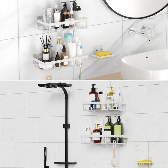 Moforoco 3-Pack Shower Caddy Basket Shelf with Soap Holder, No Drilling Traceless Adhesive Shower Wall Shelves, Rustproof White Bathroom Shower Storage Organizer - Image 7