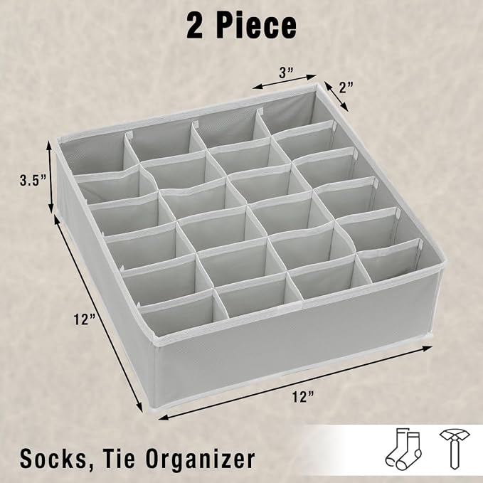Simple Houseware 2 Pack Closet Sock Organizer, 24 Cell Drawer Divider, Gray - Image 2