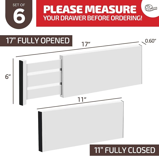 6-Pack Drawer Dividers 6 Inch High, 11”-17" Adjustable Bamboo Organizers Large Expandable Drawer Separators for Cloths, Dresser, Bedroom, Bathroom, Baby Drawer, Office & Kitchen Utensils (White) - Image 2