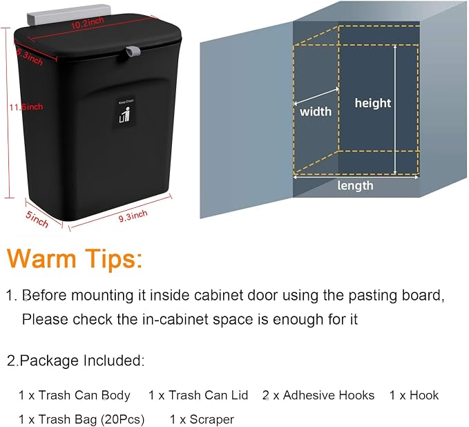 Tiyafuro 2.4 Gallon Kitchen Compost Bin for Counter Top or Under Sink, Hanging Small Trash Can with Lid for Cupboard/Bathroom/Bedroom/Office/Camping, Mountable Indoor Compost Bucket, Black - Image 7