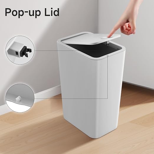 TIPGO Bathroom Trash Can with Lid, 4 Gallon / 15 Liter Small Garbage Can, Press Top Bin, Plastic Wastebasket with Pop-Up Lid for Bedroom, Living Room, Office (Grey, 2 Pack) - Image 3