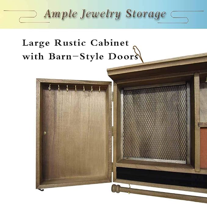 Rustic Wall Mounted Jewelry Organizer,Vintage Wooden Hanging Jewelry Holder Box with Barndoor Decor for Necklaces, Earings, Bracelets, Rings, Accessories. Includes Hook Organizer - Image 6