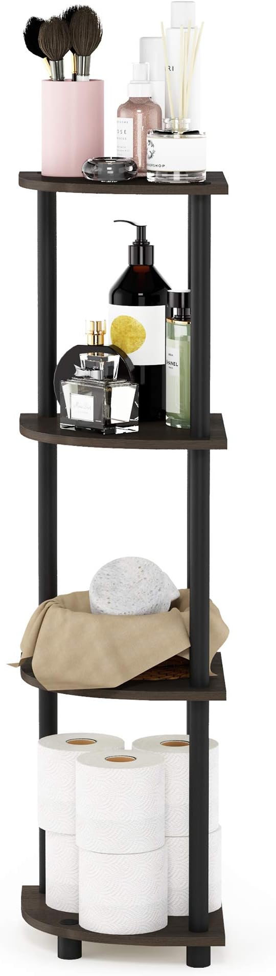 Furinno TURN-N-TUBE Corner Shelf, 4-Tier Corner Bookshelf, Display Storage Shelves with Open Shelves, for Organization and Storage, Living Room, Home Office, Garage, Dark Brown Grain - Image 4