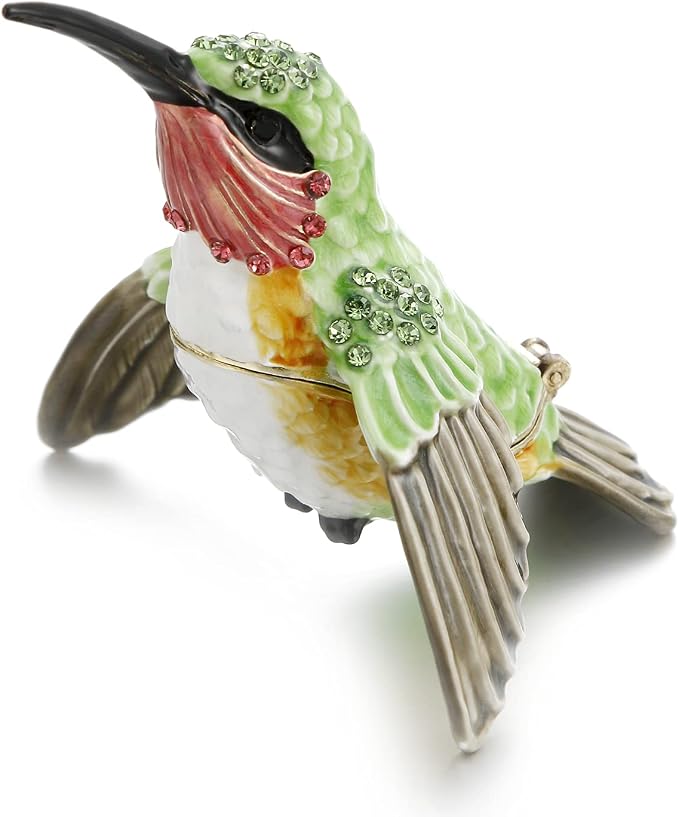Hand Painted Enamel Hummingbird Trinket Box for Home Decor, Hinged Jewelry Organizer for Ring Earrings, Unique Figurine Keepsake Collectible Personalized Handmade Ornament Gifts (Green Hummingbird-1) by AzurtLCX