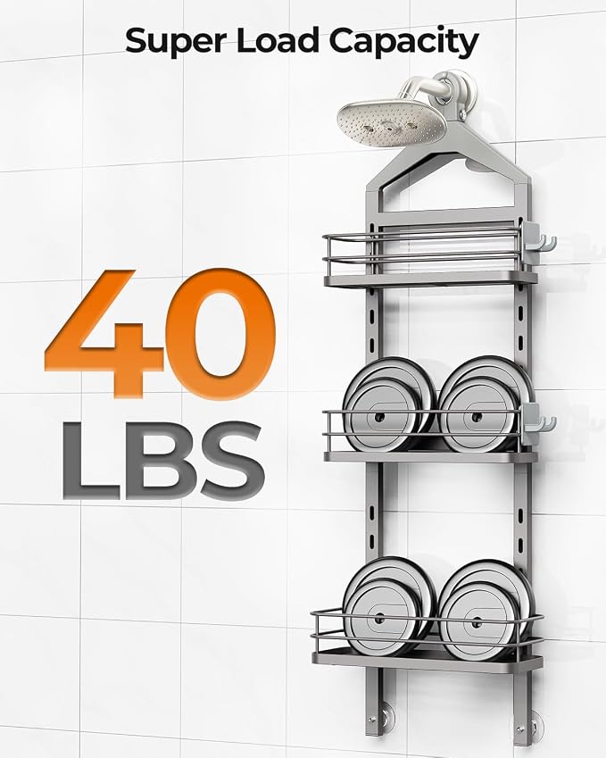 ODesign 3 Tier Height-Adjustable Shower Caddy Hanging Anti-Swing-Over The Shower Head Caddy-Showe r Storage Organizer Bathroom Shelves Basket Caddies-Grey - Image 7
