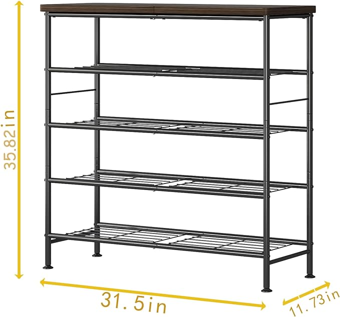 SUOERNUO Shoe Rack Organizer 5 Tier for Closet Entryway Free Standing Metal Storage Shoe Shelf with MDF Top Board，Black+Rustic Brown - Image 2