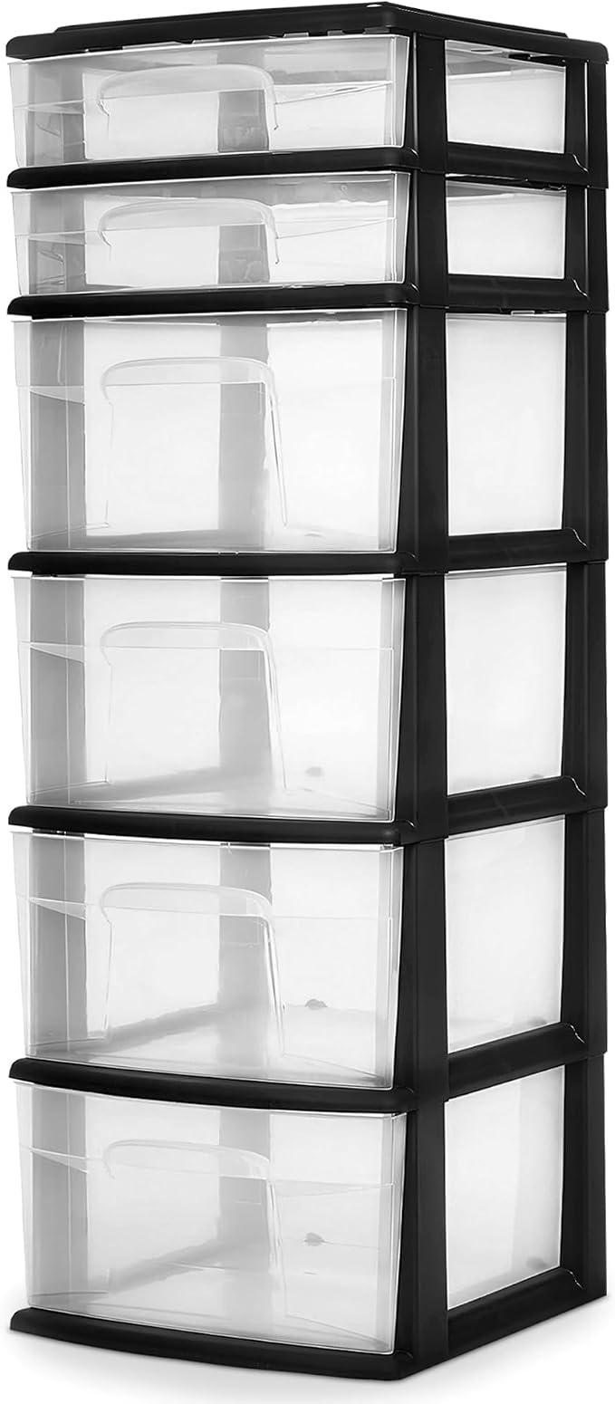 HOMZ Drawer Tower, 6-Tier Clear Plastic Storage Organizer Cart, Black Frame - Heavy-Duty Organizing Drawers for Home, Bedroom, and Closet Organization by Homz