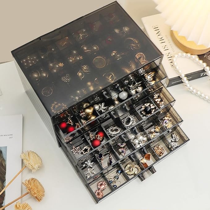 YUFONG Earring Storage Box Organizer, Acrylic Jewelry Storage Box Holder 5 Drawers Transparent Jewelry Display Stand with 120 Small Compartments Gift Boxes for Women Girls (Clear Black) - Image 4