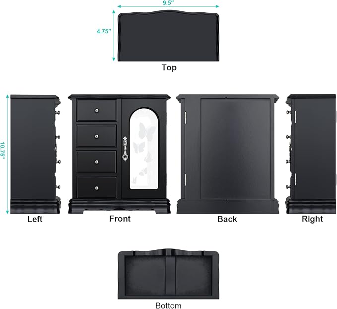 RR ROUND RICH DESIGN Jewelry Box - Made of Solid Wood with 4 Drawers Organizer and Built-in Necklace Carousel and Large Mirror Black - Image 5