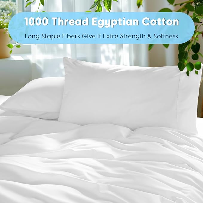 SONORO KATE 100% Egyptian Cotton Sheets Set - 1000 High Thread Count, Luxury 5-Star Hotel Sateen Bed Sheets, Soft, Breathable Long Staple Sheets, Fit up to 16" - 4 PC (White,California King)