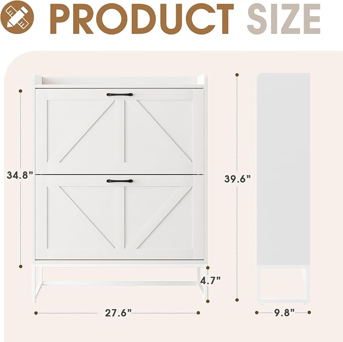 GRUSIGN Shoe Cabinet, Shoe Storage Cabinet with 2 Flip Drawers & Adjustable Shelf, Space-Saving Shoe Organizer – Holds 16+ Pairs, Narrow Shoe Cabinet Storage for Entryway/Hallway（White） - Image 2