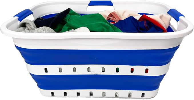 SAMMART 42L (11 gallon) Collapsible Plastic Laundry Basket - Foldable Pop Up Storage Container/Organizer - Space Saving Hamper/Basket (1, White/Dark Blue) - Image 5