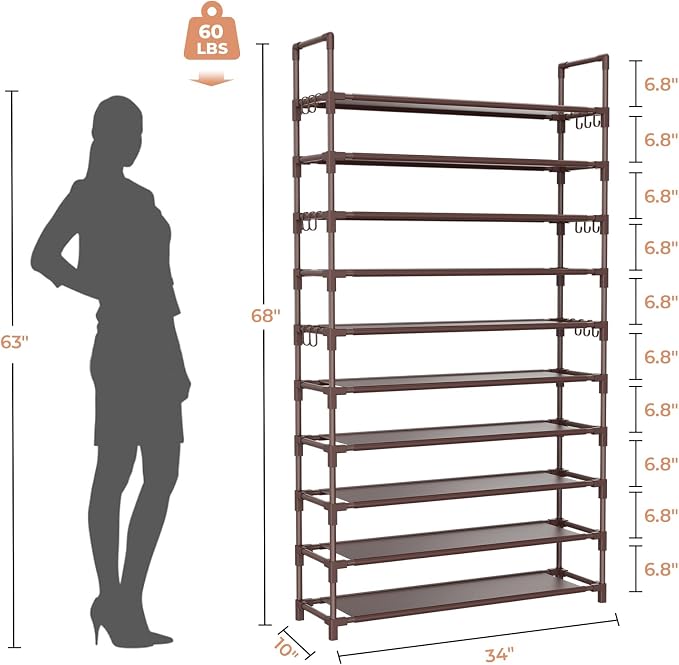 LANTEFUL Tall Shoe Rack 10 Tier Shoe Organizer Large Shoe Shelf with 18 Hooks Storage for 50 Pair Sneaker and Boot, Stackable Vertical Shoe Rack Organizer for Closet, Entryway, Bedroom, Brown - Image 3