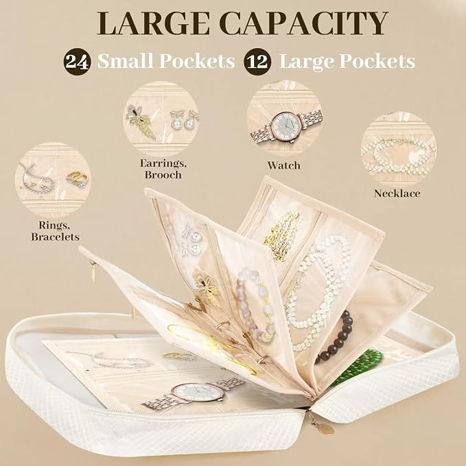 GSXRB Jewelry Organizer Travel Portable Earring Necklace Ring Jewelry Organizer Large Capacity Foldable Multi-Layer Classified Storage Bag Waterproof Antioxidant Organizer (beige) - Image 5