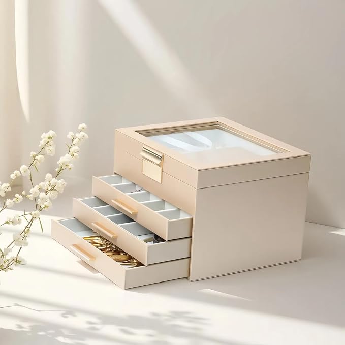 BOOVO Clear Lid Jewelry Box,4 Layers Jewelry Organizer Large Jewelry Storage Box with 3 Drawers,Jewelry Holder Organzier of Rings Earrings Necklace Bracelets for Women (Champagne, 4 Layer) - Image 6