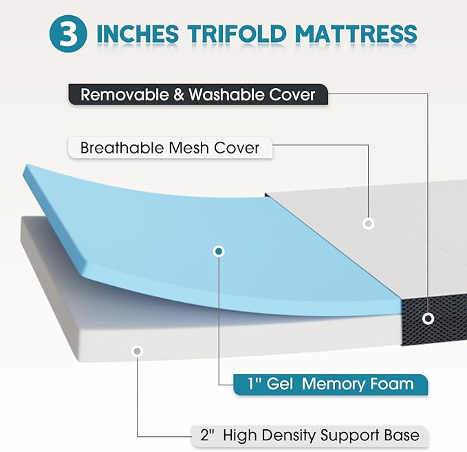 3 inch Folding Mattress Tri Fold Memory Foam Mattress Topper Portable Foldable Mattress Topper with Washable Cover Non-Slip Bottom for Camping, Guest, Floor RV, CertiPUR-US Certified, Full