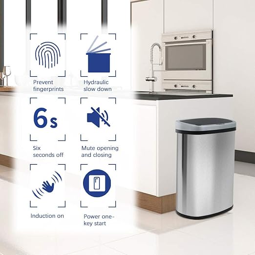 BestOffice | 13 Gallon Trash Can with Lid | Automatic Touchless Garbage Can | Odor Control | Modern Oval Design | Easy to Clean | Stainless Steel | Fits Any Kitchen, Bathroom, Office or Home - Image 3