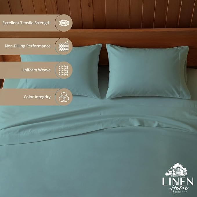Linen Home 100% Cotton Percale Sheets Queen Size, Aqua Blue, Deep Pocket, 4 Pieces Set - 1 Flat, 1 Deep Pocket Fitted Sheet and 2 Pillowcases, Crisp Cool and Strong Bed Linen
