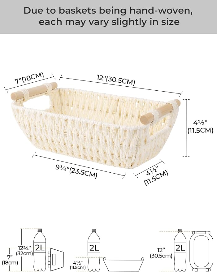 StorageWorks Round Paper Rope Woven Basket with Wooden Handles for Gifts, Small Wicker Baskets for Shelf, Beige, 2-Pack - Image 2