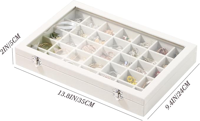 Coward Ring Earring Jewelry Organizer Box, 35 Grids Dustproof Display Holder Case, Beige Velvet Jewelry Bead Display Tray Case with Transparent Glass Lid for Momen Girls - Image 6