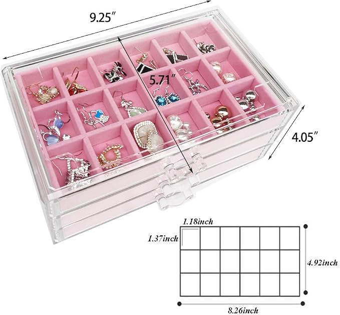 YUFONG Earring Organizer Box Acrylic Jewelry Organizer with 3 Drawers 54 Adjustable Grids Clear Stackable Earring Holder Velvet Trays Ring Display Case for Women Girls (Pink) - Image 4