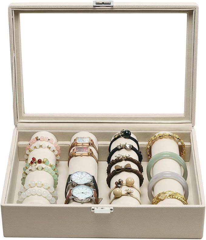 Bracelets Organizer Rods Bangles Display Holder, Clear See through Lid Leather Velvet Jewelry Storage Box Case for Women, 4 Rods Apricot Leather by XHMQYCMakesAllBetter%E2%80%94LetGo