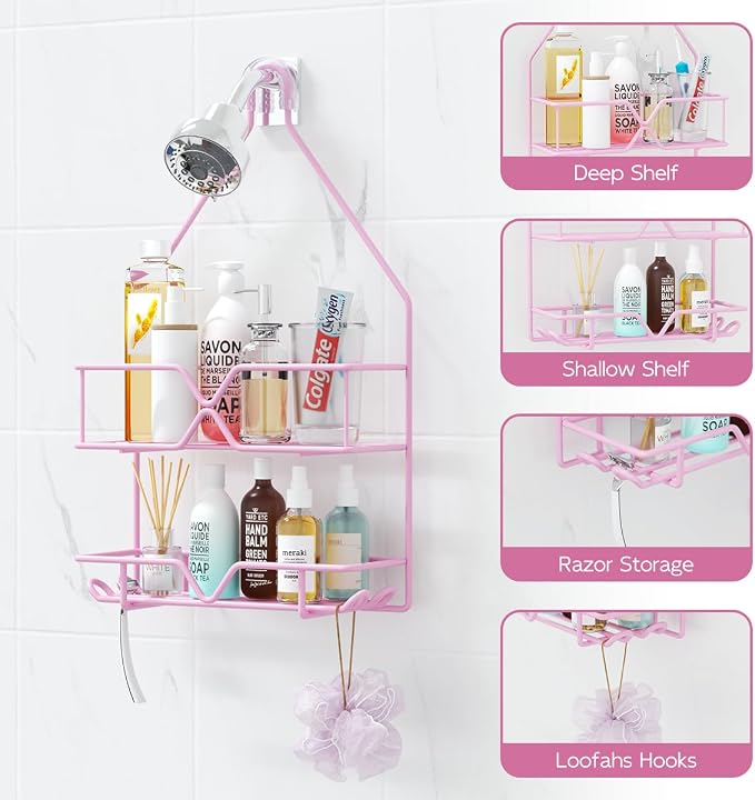 TreeLen Pink Shower Caddy Over Shower Head, Pink Bathroom Accessories, Gift for Girlfriend, Wife, Little Girl - Image 2