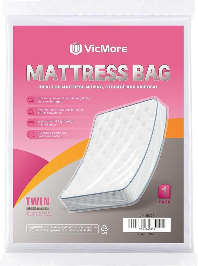 VicMore Twin Mattress Bag - 1.5mil Protective Moving & Storage Cover - Tear Resistant Disposal Bag - Clear Plastic