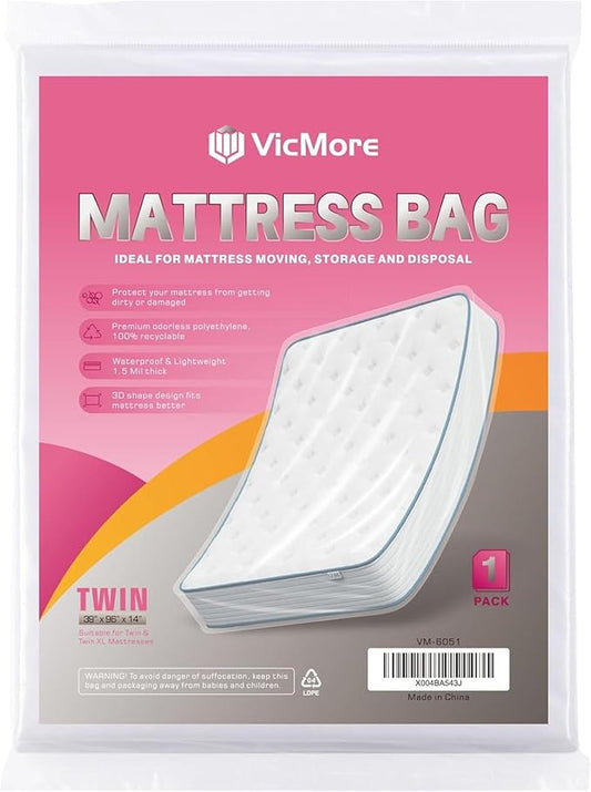 VicMore Twin Mattress Bag - 1.5mil Protective Moving & Storage Cover - Tear Resistant Disposal Bag - Clear Plastic