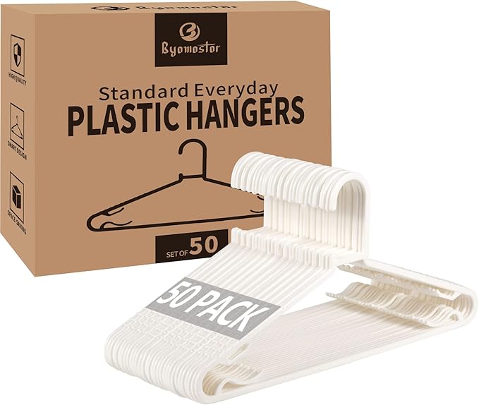 Plastic White Hangers 50 Pack, Light Weight Durable Clothes Hangers G-Shape Hangers Standard Size Ideal for Tank T-Shirts Dresses Jackets Suits Blouses Ties Leggings by Byomostor