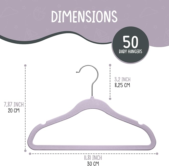 TechZoo 50 Premium Velvet Baby Hangers 11.8" Inch Non-Slip Infant, Ultra Slim Space-Saving Children Closet Hangers, 360° Swivel Hook, Strong & Durable Baby Toddler Kids Clothes Hanger, Purple - Image 3