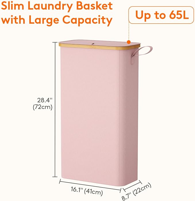Lifewit 65L Slim Laundry Hamper with Lid, Narrow Laundry Basket with Removable Bag & Bamboo Handles, Fodable Thin Dirty Clothes Hamper for Laundry Collapsible Bin for Bathroom Bedroom Dorm, Pink - Image 3