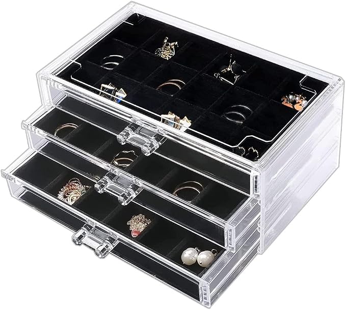 YUFONG Earring Organizer Box Acrylic Jewelry Organizer with 3 Drawers 54 Adjustable Grids Clear Stackable Earring Holder Velvet Trays Ring Display Case for Women Girls (Black) by YUFONG