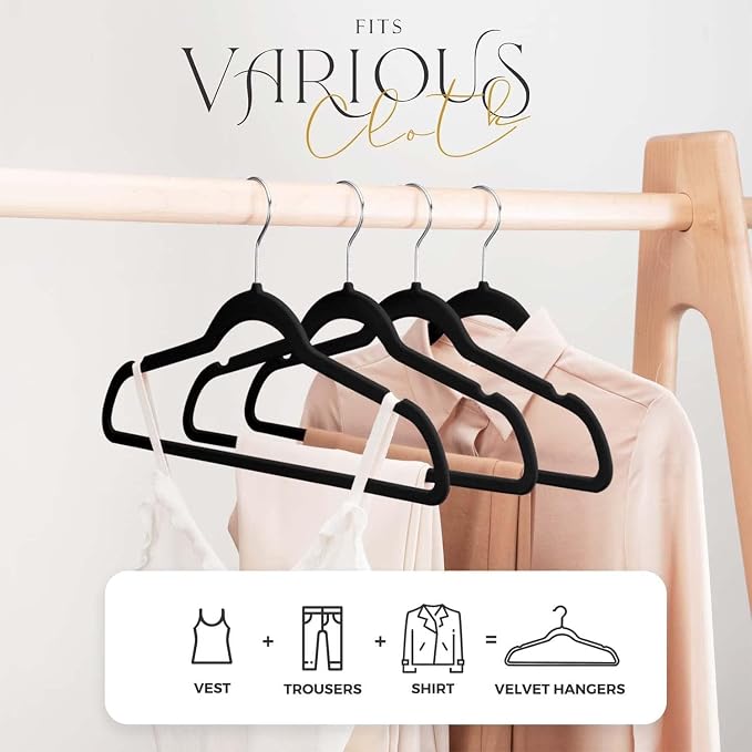 HOUSE DAY Black Velvet Hangers 300 Pack, Premium Clothes Hangers Non-Slip Felt Hangers, Sturdy Black Hangers Heavy Duty Coat Hangers, Durable Suit Hangers, Space Saving No Hanger Mark Rotating Hook - Image 3