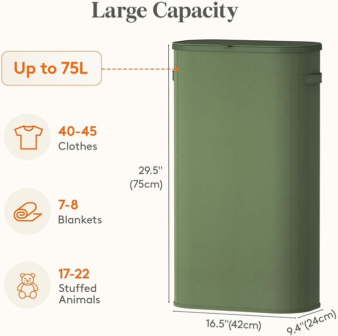 Lifewit Slim Laundry Basket with Lid, Narrow Large Laundry Hamper with Plastic Handles and Removable Bag, Tall Foldable Dirty Clothes Hampers for Laundry Room, Bedroom, Bathroom, Dorm, 75L Green - Image 3