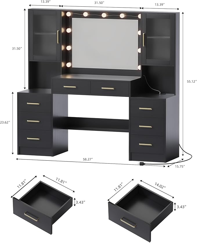 UGTOO Makeup Vanity Desk with Mirror and Lights, 58.3" Makeup Vanity with Lights & Charging Station, Dressing Table Vanity Set White Vanity Table with 8 Drawers & 2 Cabinets, Without Stool Black