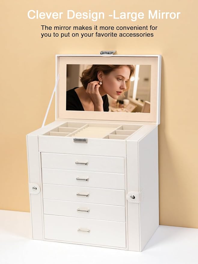 BOOVO Jewelry Box For women, 6 Layer Large Jewelry Organizer With Mirror, Multi-Function Storage Box With Lock, Accessory Holder With 5 Drawers, For Earrings Necklace Ring Bracelet (Pearl White) - Image 6