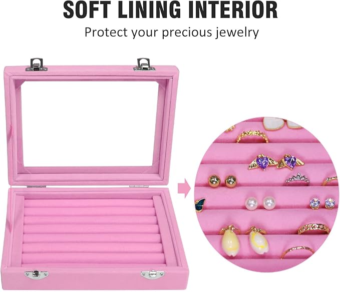 Vicoter Rings Organizer Tray 7 Slots Velvet Jewelry Earring Storage Box with Transparent lid Jewelry Display Case for Girls Wife Mom Women (Pink) - Image 3