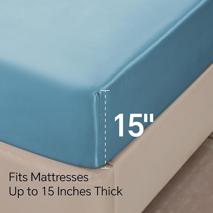 BEDELITE Satin Sheets Full Size Bed Set, Luxury Soft Airy Blue Silky Sheets for Hair and Skin, Similar to Silk Bed Sheets Set 4 Pieces with 1 Deep Pocket Fitted Sheet, 1 Flat Sheet, and 2 Pillowcases