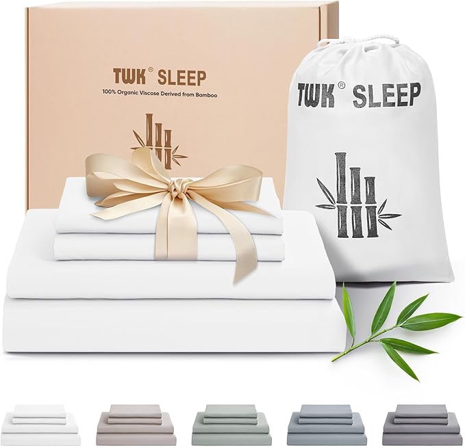 TWK Luxury Sheet Set, Genuine 100% Organic Viscose Derived from Bamboo, Cooling & Breathable, Silky Soft, Bedding Sheets & Pillowcases (White, Queen)
