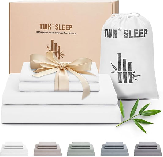 TWK Luxury Sheet Set, Genuine 100% Organic Viscose Derived from Bamboo, Cooling & Breathable, Silky Soft, Bedding Sheets & Pillowcases (White, Queen)